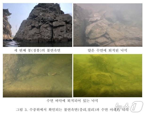 단양 도담삼봉 수중에서 확인된 불연속면과 낙석.(단양군 제공. 재판매 및 DB금지)/뉴스1