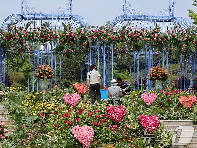 2025 서울국제정원박람회 개막을 하루 앞둔 21일 오후 서울 동작구 보라매공원에서 관계자들이 정원을 가꾸고 있다.  2025.5.21/뉴스1 ⓒ News1 황기선 기자