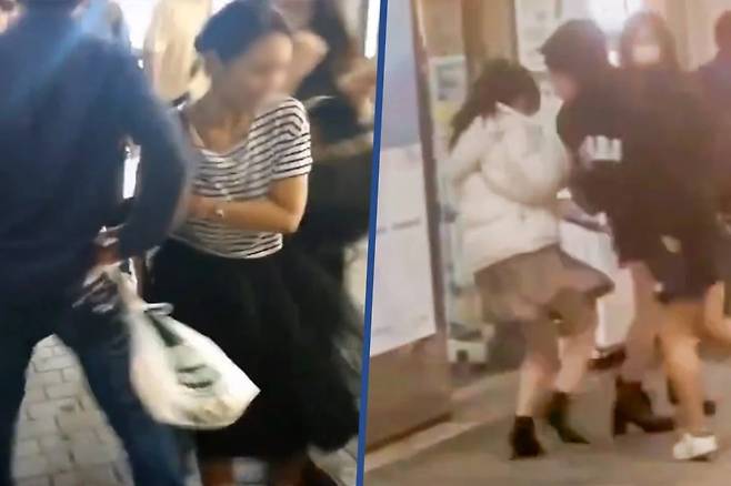 모르는 여성에게 다가가 고의로 어깨를 강하게 부딪히는 모습./SCMP 캡처