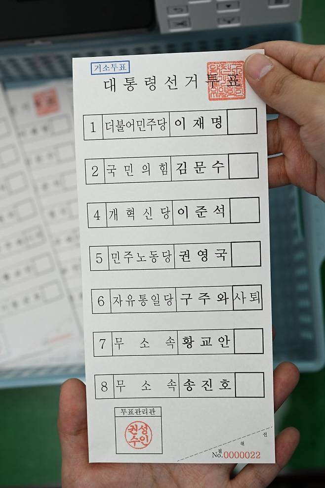 서울 양천구 양천구선거관리위원회 관계자가 21일 대통령 선거 '거소투표' 용지를 들어보이고 있다. 연합뉴스