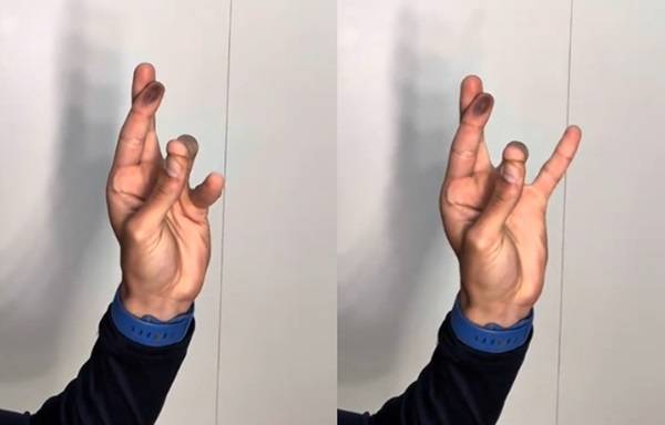 손가락 움직임으로 3초 만에 뇌 노화를 확인할 수 있는 방법이 소개됐다. ​검지와 중지는 겹치고, 엄지와 약지를 서로 닿게 했을 때 새끼손가락만 움직일 수 없다면 뇌가 더 빨리 노화될 수 있다./사진=아드리안 소리아노 랑겔 틱톡 계정