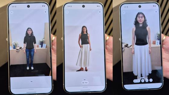 20일(현지시간) 구글 I/O 2025 현장에서 공개된 검색 'AI 모드'의 '입어보기' 기능. 기자의 전신 사진을 업로드하고 사고 싶은 의상을 클릭하면 AI가 해당 옷을 입은 사진으로 자연스럽게 합성해준다. 마운틴뷰=김민정 기자