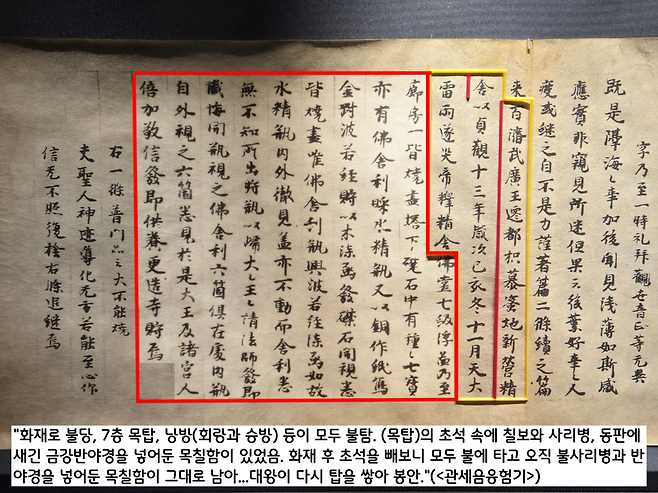 <관세음응험기>는 이어 “제석사 화재로 절의 강당, 7층 목탑, 낭방이 모두 불탔다. (목탑의) 초석 속에는 각종 칠보와 사리병, 동판으로 만든 금강반야경을 넣어둔 목칠함이 있었는데, (화재 후) 모두 불에 타고 불사리병과 반야경을 넣어둔 목칠함만이 남아 대왕 다시 탑을 쌓아 이를 봉안했다”고 덧붙였다.