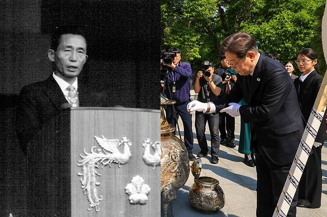 Left: Former President Park Chung Hee, who secured a third term, delivers his inaugural address in Seoul on July 1, 1971. Right: Lee Jae-myung, the presidential candidate of the Democratic Party, pays his respects at the grave of former President Park Chung Hee at Seoul National Cemetery on April 28 during his presidential campaign. [PRESIDENTIAL ARCHIVES, LIM HYUN-DONG]