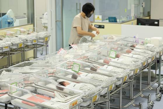 Newborn babies are in cradles at a hospital in Incheon June 2024. [NEWS1]