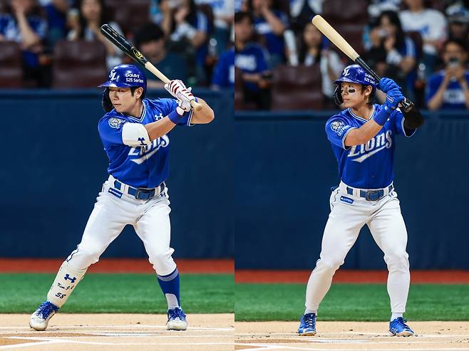 삼성 라이온즈 김지찬(왼쪽)과 김성윤이 20일 서울 고척스카이돔에서 열린 키움 히어로즈와의 2025 프로야구 KBO리그 경기에서 각각 타석에 들어서 있다. 삼성 라이온즈 제공