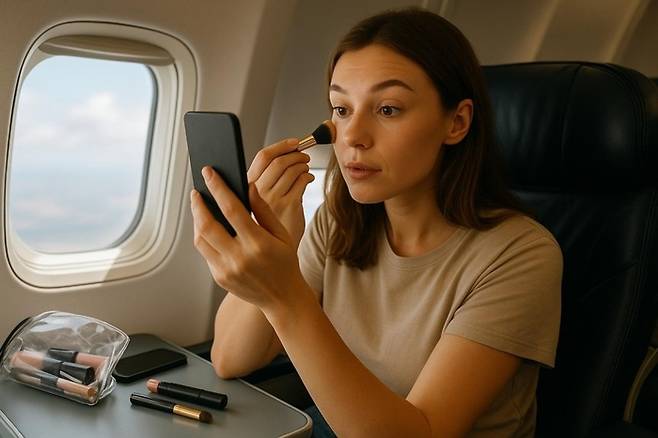 기내에서 한 여성이 화장을 하는 모습. [사진 = 챗GPT로 제작한 이미지]