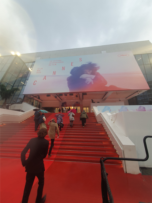 20일(현지시간) 오후 프랑스 칸영화제 팔레 드 페스티벌 레드카펫의 모습. 평소 칸의 날씨와 달리 온종일 폭우가 쏟아졌음에도 열기는 한 시간 전부터 뤼미에르 대극장에 입장하려는 관객들의 열기는 뜨거웠습니다. [김유태 기자]