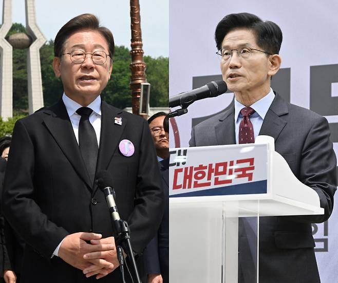 이재명 더불어민주당 대통령 후보(왼쪽)가 18일 광주 북구 국립5·18민주묘지에서 열린 '제45주기 5·18 민주화운동기념식'에 참석한 뒤 취재진 질문에 답하고 있다. 오른쪽은 여의도 당사에서 경제 분야 공약을 발표하는 김문수 국민의힘 후보./사진=뉴스1
