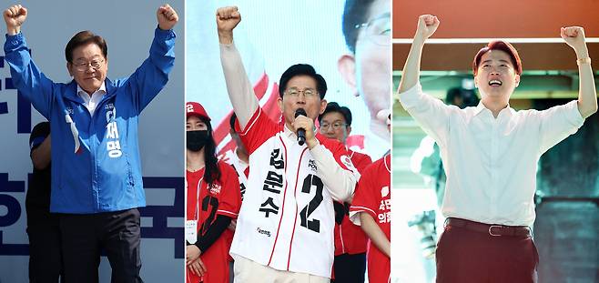 제21대 대통령 선거 공식 선거운동 첫날인 12일 대선후보들이 선거운동을 하고 있다. 왼쪽부터 이재명 더불어민주당 대선 후보, 김문수 국민의힘 대선 후보, 이준석 개혁신당 대선 후보. [연합]
