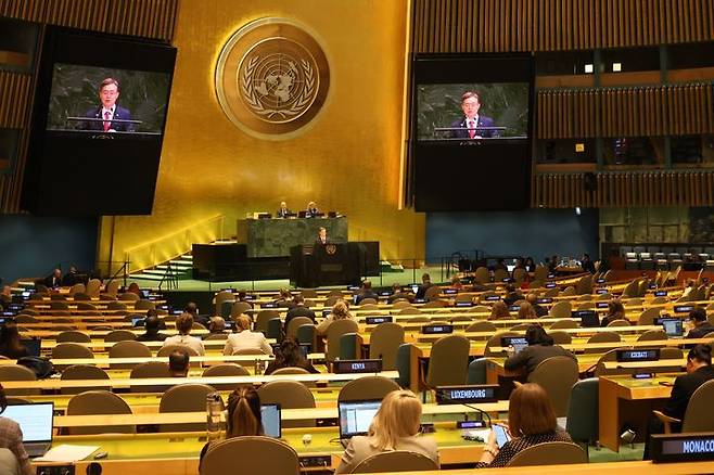 [서울=뉴시스]유엔총회에서 북한의 인권 침해·위반 문제 해결을 위한 고위급회의가 20일(현지시간) 처음으로 열렸다. (사진=외교부 제공) 2025.05.21 *재판매 및 DB 금지