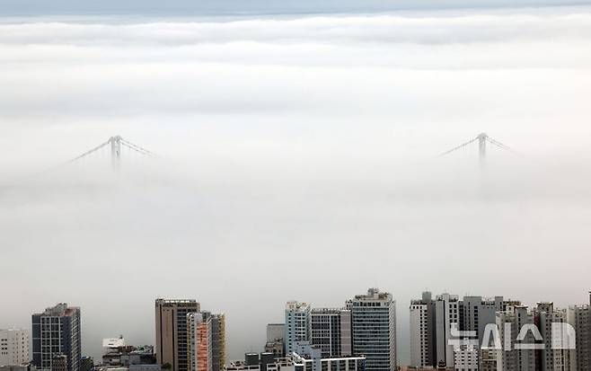 [부산=뉴시스] 하경민 기자 = 초여름 더위가 이어진 21일 부산 황령산의 한 전망대에서 내려다 본 도심이 짙은 해무로 뒤덮여 장관을 연출하고 있다. 2025.05.21. yulnetphoto@newsis.com