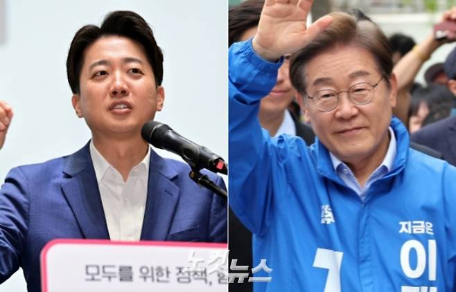 최근 여론조사에서 개혁신당 이준석 후보(왼쪽)가 사퇴할 경우 국민의힘 김문수 후보뿐만 아니라 더불어민주당 이재명 후보(오른쪽)의 지지율도 비슷한 수준으로 동반 상승하는 현상이 관측됐다. 황진환∙류영주 기자