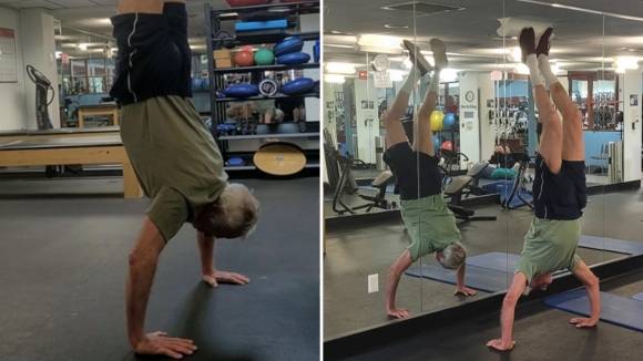 19일(현지시간) 기네스월드레코드에 따르면 미국 뉴저지 출신 폴 버드라인(74)은 이달 5일 ‘물구나무서기를 한 최고령자’ 남성 부문에서 기네스 세계기록을 세웠다. 사진은 폴이 물구나무서기를 하는 모습. 기네스월드레코드 홈페이지 캡처