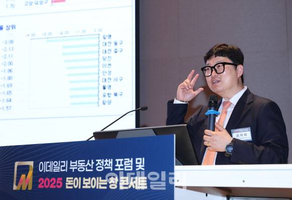 김학렬 스마트튜브(스튜TV) 부동산조사연구소 소장이 22일 서울 영등포구 여의도 한국거래소 컨퍼런스홀에서 열린 ‘이데일리 부동산 정책 포럼 및 2025 돈이 보이는 창 콘서트’에서 강연하고 있다.(사진=노진환 기자)