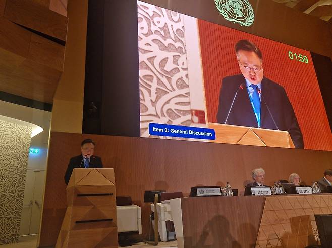 조규홍 보건복지부 장관이 지난 19일부터 스위스 제네바에서 열린 세계보건기구(WHO) 제78차 세계보건총회에 참석해 기조연설을 하고 있다.(보건복지부 제공)