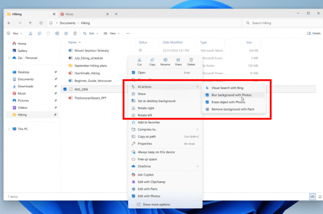파일 탐색기 우클릭 메뉴에 새롭게 추가된 AI 액션 기능. (사진= 마이크로소프트)