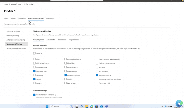 부적절한 웹사이트를 무료로 차단할 수 있는 콘텐츠 필터링. (사진=마이크로소프트)