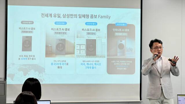 성종훈 삼성전자 DA사업부 상무가 국내 최대 18kg 건조 용량과 단 79분 만에 세탁부터 건조까지 완료하는 '비스포크 AI 콤보'에 적용된 기술을 소개하는 미디어 브리핑을 진행하고 있다. (사진=지디넷코리아)