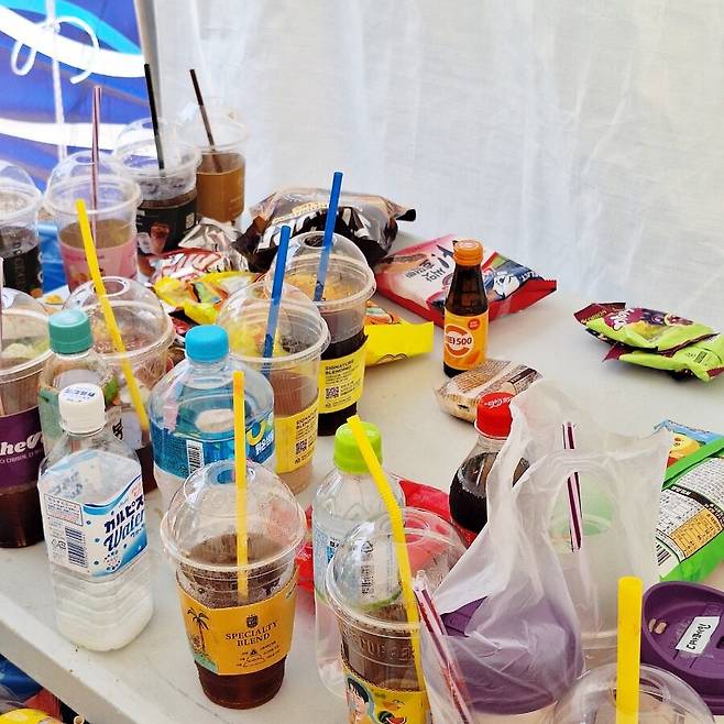 지난 18일 인천 연수구 송도신도시에서 열린 한 페스티벌에서 입장객들이 입구에 놓인 테이블에 음료와 음식물을 버리고 입장햇다. 주최 측이 일회용기에 담긴 음식물 반입을 제한했기 때문이다. /인터넷 캡처