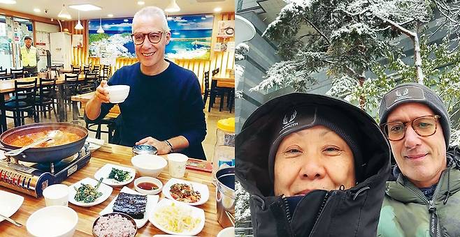 서울에서 한식으로 식사하고(왼쪽) 눈을 맞는 필자 모습.
