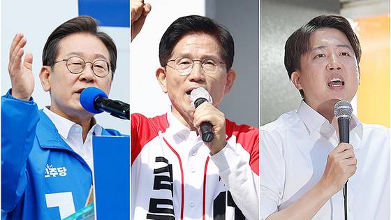 이재명 더불어민주당 대선 후보, 김문수 국민의힘 대선 후보, 이준석 개혁신당 대선 후보(왼쪽부터)가 유세하고 있다. 연합뉴스