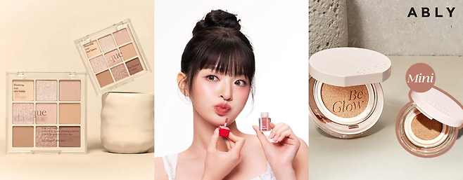 ‘데이지크 미니 9구 섀도우 팔레트’, ‘타이니원더 하이퍼 듀이 립틴트’, ‘에스쁘아 비글로우 볼륨 쿠션 미니’(왼쪽 사진부터) 에이블리 제공