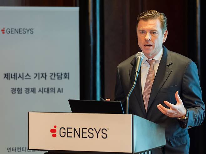 Tony Bates, chairperson of Genesys Cloud Services, speaks during a press conference at a Seoul hotel on Thursday. (Genesys Cloud Services)