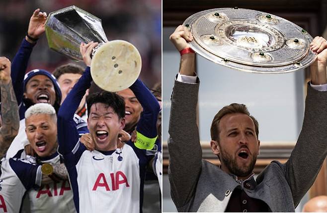 UEL에서 토트넘 우승 후 트로피를 들고 기뻐하는 손흥민 선수(왼쪽). 오른쪽은 분데스리가에서 바이에른 뮌헨의 우승 후 트로피를 들어보이는 해리 케인. 뉴시스·해리 케인 인스타그램