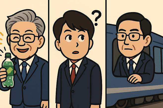 사이다를 쥔 이재명, 물음표를 띈 이준석, 열차를 타고 있는 김문수 후보의 모습입니다. 각 인물의 상징적 모습에는 어떤 숨은 의미가 담겨 있을까요? / 챗gpt가 생성한 이미지입니다.