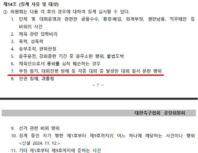 대한축구협회 공정위원회 규정 제14조. 사진=대한축구협회