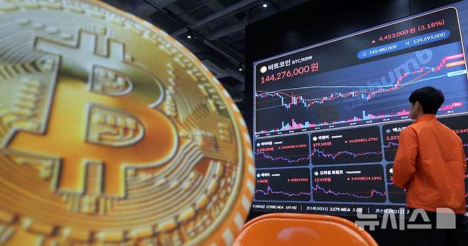 [서울=뉴시스] 홍효식 기자 = 비트코인이 미국과 영국의 무역협상 타결 호재로 10만 달러 선을 회복한 9일 서울 서초구 빗썸 라운지 강남점 전광판에 비트코인 시세가 표시되고 있다. 2025.05.09. yesphoto@newsis.com