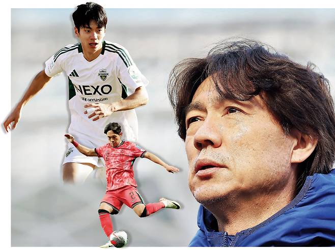 홍명보 축구대표팀 감독이 2026 북중미 월드컵 아시아 지역 3차 예선에 나설 대표팀 엔트리를 고민하고 있다. K리그1 득점 1위 전진우(위)와 측면 수비수 이명재(아래) 등의 재승선 여부에 관심이 쏠린다. 연합뉴스·한국프로축구연맹 제공