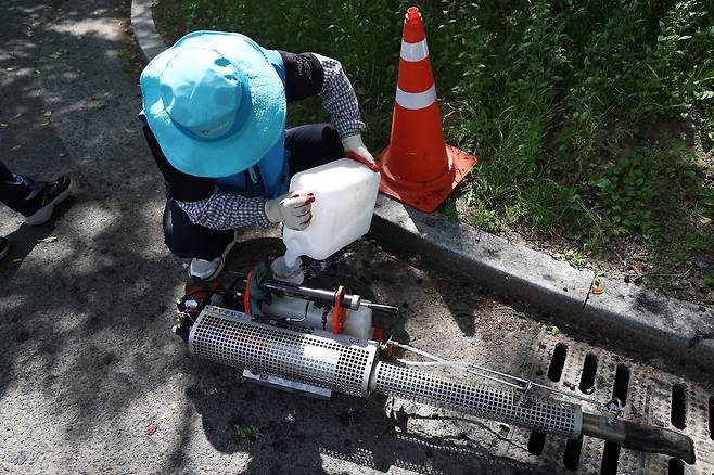 병해충 퇴치 준비  (대구=연합뉴스) 박세진 기자 = 지난 21일 대구 동구 동촌유원지 인근 하수구에서 동구보건소 방역반원이 병해충 퇴치용 휴대 연무기에 살충제를 넣고 있다. 2025.5.21 psjpsj@yna.co.kr