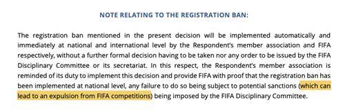 광주FC에 대한 징계결정문의 'FIFA 주관 대회 참가 자격 상실' 언급한 부분 [FIFA 징계결정문 캡처. 재판매 및 DB 금지]