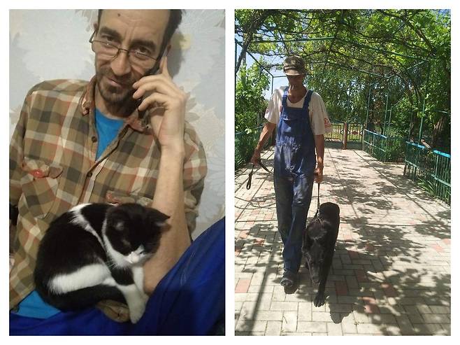 노보류비미우카의 자택 근처에서 반려동물들과 함께 시간을 보내는 세르게이의 모습