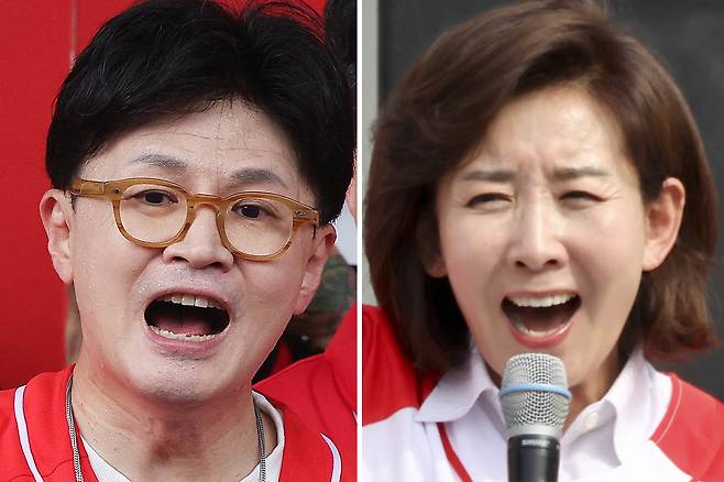 한동훈 국민의힘 전 대표(왼쪽)가 21일 대구 중구 서문시장을 찾아 김문수 국민의힘 후보 지원 유세를 하고 있다. 나경원 국민의힘 공동선대위원장(오른쪽)이 21일 경기 파주시 새암공원 앞에서 열린 유세현장에서 김문수 후보의 지지를 호소하고 있다. 뉴스1·장승윤 기자 tomato99@donga.com