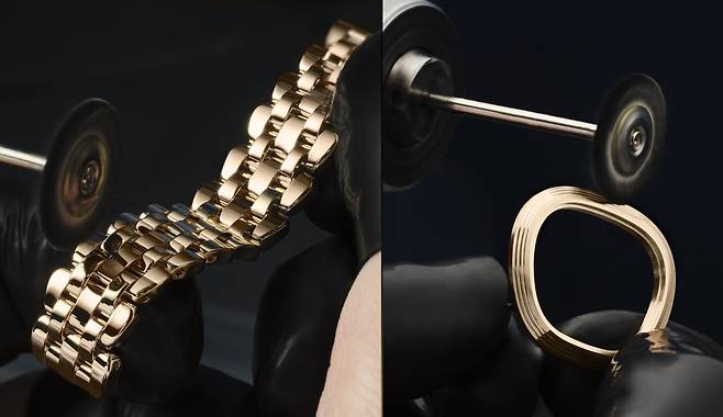 브레이슬릿과 케이스 폴리싱 작업 과정. 일일이 사람의 손을 거쳐 이뤄진다. 사진 피아제