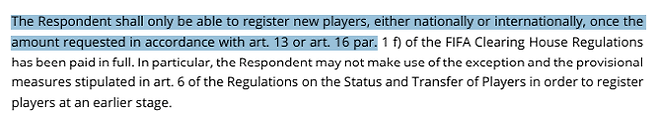 FIFA 징계위원회 결정문의 일부. FIFA 징계위원회 결정문에 따르면 광주 FC는 징계를 받은 뒤 결정된 금액을 완납한 후에야 신규 선수를 등록할 수 있다. 정리하면, 광주는 2024년 12월 17일부터 2025년 5월 21일까진 선수 영입이 불가했던 것이다. 사진=FIFA 징계위원회 결정문 캡처