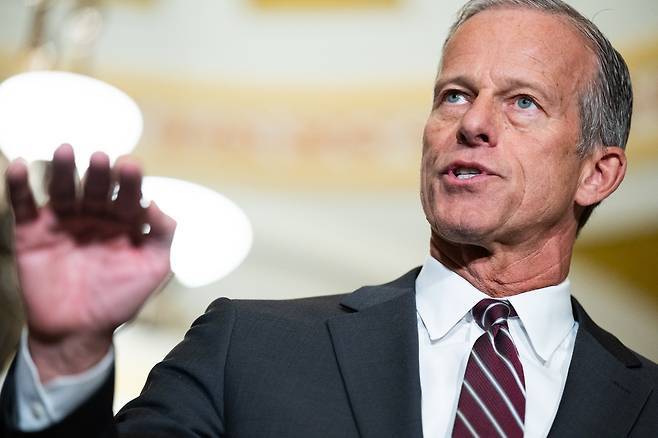 지난 20일 미 의회에서 존 튠 상원 공화당 원내대표(사우스다코타)가 발언하는 모습. [UPI]