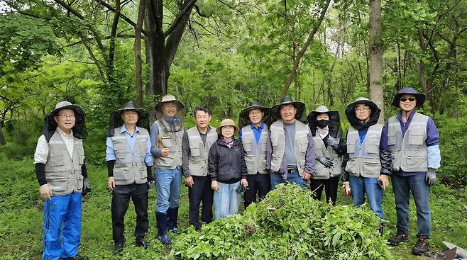 5월 17일, 춘천 하중도 수변생태공원에서 실시한 외래식물 싹뽑기 (가시박 싹 제거) 활동 사진