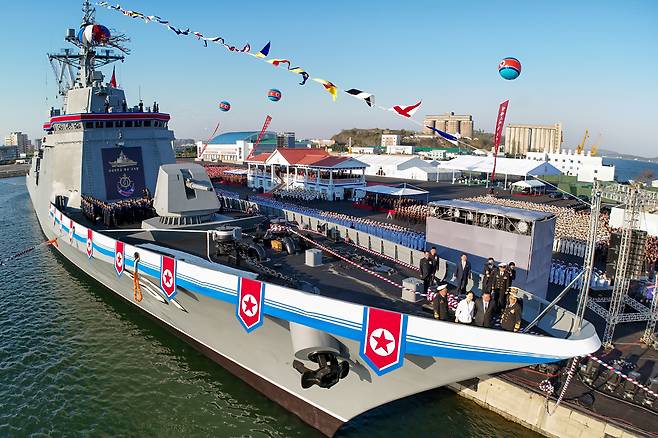 North Korean leader Kim Jong-un attends the launch of the new 5,000-ton Choe Hyun-class multi-purpose destroyer at Nampo Shipyard on April 25, in this photo from the official Rodong Sinmun published the following day. /News1