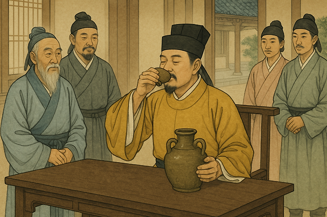 옛날 한 마을에서 만병통치약처럼 마셨던 감곡수(甘谷水)가 약이 되었던 이유는 바로 감국(甘菊) 때문이였다. 아직도 사람들은 다양한 증상에 감국을 약으로 사용한다. 챗GPT에 의한 AI생성 이미지.