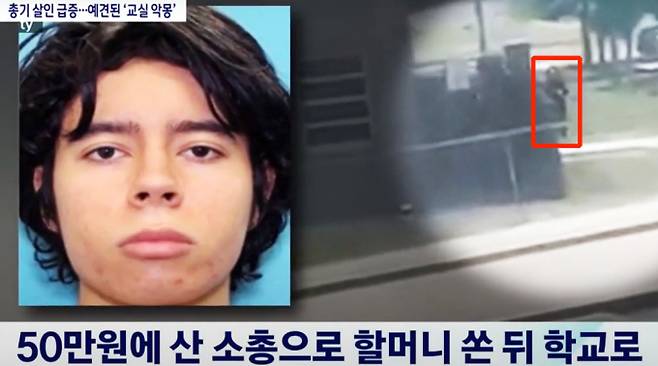 미국 텍사스주 유밸디에 위치한 롭 초등학교에서 21명의 목숨을 앗아간 총기 난사 사건이 벌어졌다. 사진은 총격범 라모스 얼굴과사건 당일인 2022년 5월24일(현지시각) 라모스가 롭초등학교에 들어가는 모습. /사진=로이터/사진=유튜브 JTBC News 채널 캡처