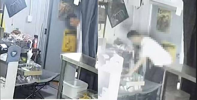 [서울=뉴시스] 인상착의가 건물주 아들로 추정되는 남성이 가게에서 음료로 추정되는 물건을 갖고 나가는 장면이 CCTV에 포착됐다.(사진=아프니까 사장이다 갈무리) *재판매 및 DB 금지