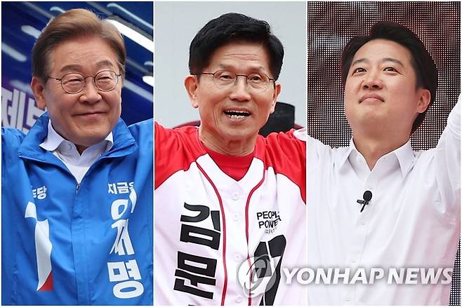이재명, 김문수, 이준석 후보 (안양·안동·수원=연합뉴스) 24일 안양에서 집중유세하는 이재명 후보(왼쪽부터), 안동 방문한 김문수 후보, 수원에서 유세하는 이준석 후보