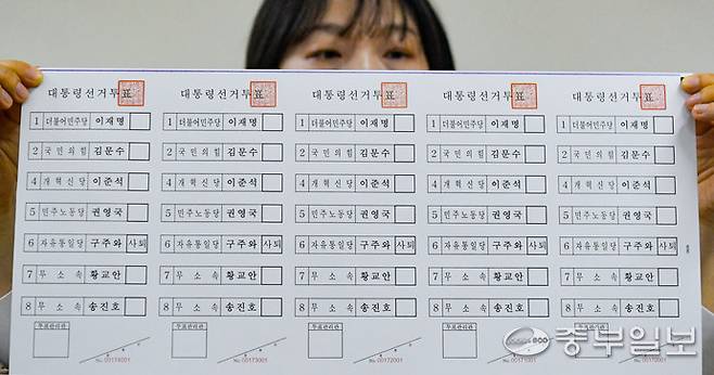 제21대 대통령선거를 9일 앞둔 25일 오후 수원시 권선구의 한 인쇄소에서 관계자들이 투표용지 인쇄를 점검하고 있다. 김경민기자