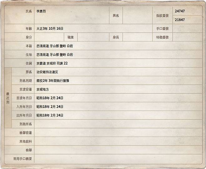 이응열의 인적 사항과 수형 기록이 적혀 있다.