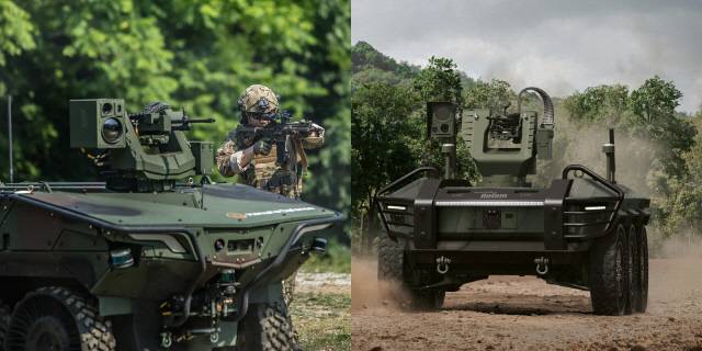 한화에어로스페이스의 다목적 무인차량 '아리온스멧'(왼쪽)과 현대로템의 'HR-셰르파'. 각 사 제공