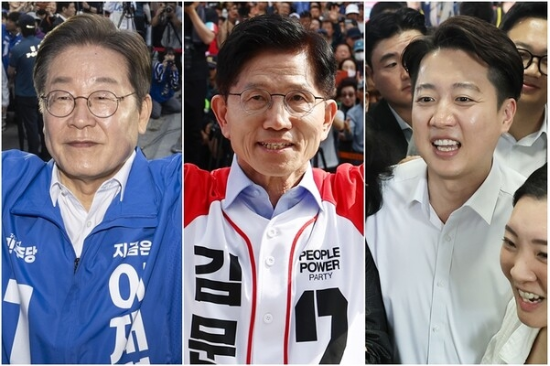 지난 14일 거제에서 지지자들에게 인사하는 이재명 후보(왼쪽부터), 밀양 찾아 유세하는 김문수 후보, 부산 자갈치시장에서 시민들 만나는 이준석 후보.( 거제·밀양·부산=연합뉴스)